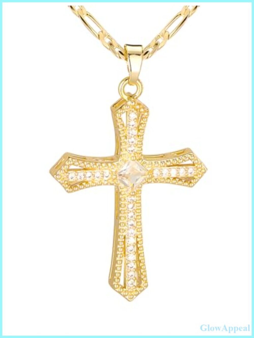 14K Gold Plated Cross Necklace Cubic Zirconia Figaro Chain Women Gift